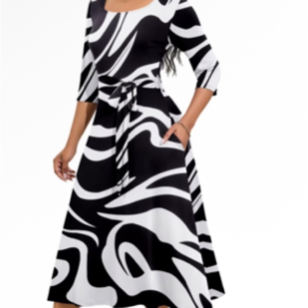 Elegant 3-4 Sleeve Dress Neck Midi Dress Sleeved Floral Print Swing Sz S Women - Picture 2 of 6